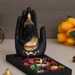 eCraftIndia Black & Gold-Toned Palm Buddha Showpiece With Tea Light Holder-image-27