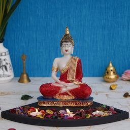 eCraftIndia Black & Red Monk Budda Idol with Wooden Holder Showpiece Tea Light Holder-image-92