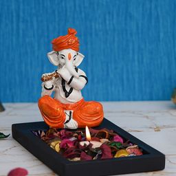 eCraftIndia Black & Orange-Colored Ganesh Idol Showpiece With Tea Light Holder-image-83