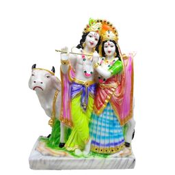 GLOOKS Green & Blue Textured Marble Radha Krishna With Cow Idol Showpiece-image-36