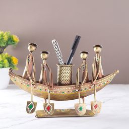 Golden Peacock Brown Boat Metal Pen Stand Showpieces-image-6