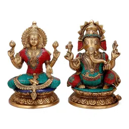 CraftVatika Turquoise Blue & Red 2 Pieces Ganesh Lakshmi Statue Showpieces-image-37
