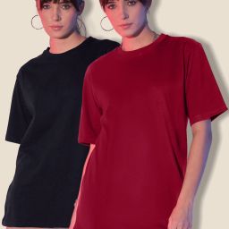 Pack of 2 Women Solid Round Neck Pure Cotton Black, Red T-Shirt-image-74