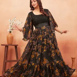 Floral Print Georgette Stitched Flared/A-line Gown-image-29