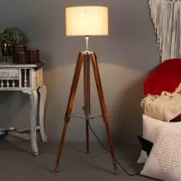 pristine interiors Frappe Black Cotton Shade Tripod Floor Lamp With Teak wood Base-picture-26
