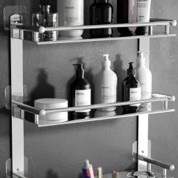3 in 1 Multipurpose Bathroom Shelf/Rack/Hanger 15 inch 3 Bar Towel Rod-3