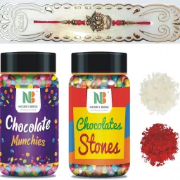 Rakhi Combo Gems Munchies & Stone Chocolate with Rakhi,Roli,Chawal - 200gmx2 Jar Silk Gift Box-image-8