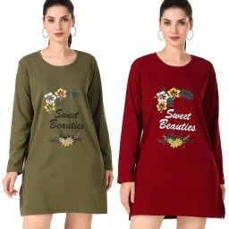 Pack of 2 Women Printed, Typography, Solid, Floral Print Round Neck Reversible Cotton Blend Maroon, Dark Green T-Shirt-image-53