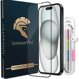 ArmourPro Edge To Edge Tempered Glass for iPhone 15, iPhone 14 Pro, (1 OG Tempered Glass with 1 Cable Protector)-8