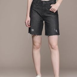 Solid Women Black Denim Shorts-image-93