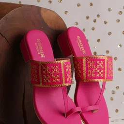 Anouk Fuchsia And Gold-Toned Embroidered One Toe Block Heels-55
