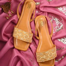 Anouk Gold-Toned Ethnic Embroidered Open Toe Flats with Backstrap-image-98