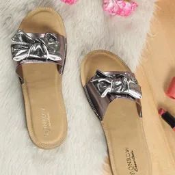 Monrow Women Silver-Toned Embellished Open Toe Flats with Bows-98