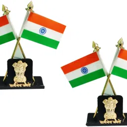 (Pack of 2 ) Double Sided Indian Flag Cross Design Dashboard showpiece Stand Double Sided Wind Car Dashboard Flag-2