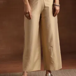 Women Flared Beige Silk Blend Trousers-image-30