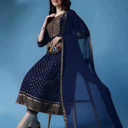 Women's Rayon Embroidered, Printed & Embellished Anarkali Kurta Set. Embroidered Anarkali Kurta, Bottom & Dupatta Set-image-94