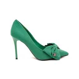 Flat n Heels Green Suede Block Pumps with Bows image 3