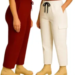 Pack of 2 Women Regular Fit Red, White Cotton Blend Trousers-picture-9
