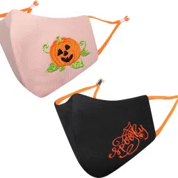 Anti-Pollution, Anti-Bacterial (BFE>99%) 4 Layer Embroidered, Designer, Trendy, Fashionable & Protective Cotton Cloth Face Mask for Kids each with Lanyard & Ear Adjusters (7-11 Years) Spooky_Combo_02 Reusable Cloth Mask-13