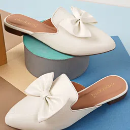 DressBerry Women White Pointed Toe Mules With Bows-8