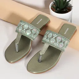 Anouk Olive Green Embellished Open Toe T-Strap Flats image 1