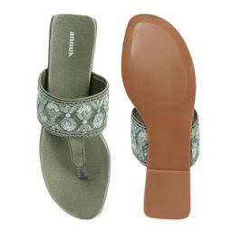 Anouk Olive Green Embellished Open Toe T-Strap Flats image 5