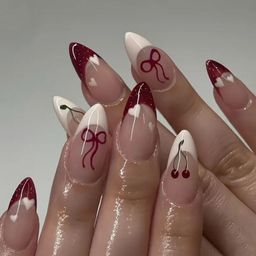 nakhi 24 Reusable Artificial Fake Nail Set | Peach Base Colour White Bow Design Glossy Nails | Lightweight & Long Lasting| Quick Fix For Festivals & Special Occasions image 1