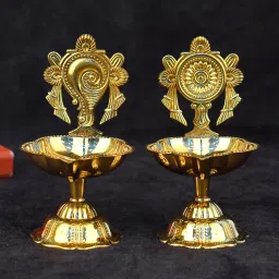 2 Pc Pair of Brass Designer Shankh Chakra Diya Traditional Indian Festive Diwali Brass Table Diya-image-71