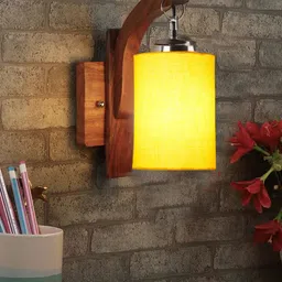 Devansh Yellow & Brown Wooden Cylinder Shaped Wall Lamp-13
