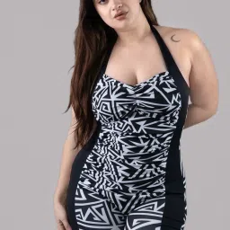 halter neck sleevless padded legsuit for women Printed Women Black Swimsuit-image-22