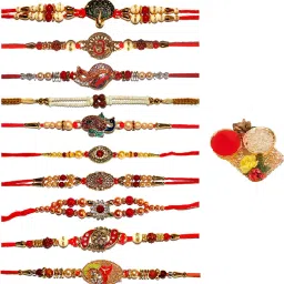 Designer RAKHI0489 Gold Finish, Mauli Thread, Kundan, Zardosi Rakhi, Chawal Roli Pack Set-11