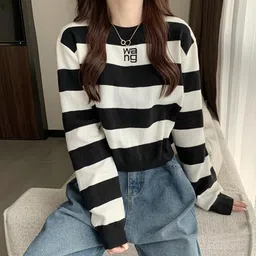 icw Casual Regular Sleeves Striped Women Black Top-picture-10
