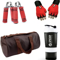 Combo Of Leatherite (Brown) Gym Bag, Gloves (Red), Spider Shaker (White) And Hand Gripper (Red) Fitness Accessory Kit Kit-image-37