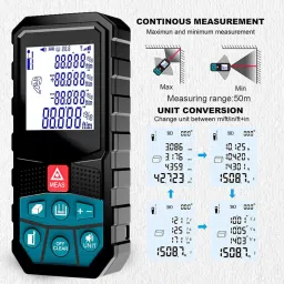 real instruments Laser Measure Device 50M/165ft Laser Distance Measure Portable Handle Digital Measure Tool Range Finder With 4 Line Larger Backlit LCD Display Non-magnetic Electronic Level image 3