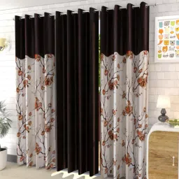 aadi traders coffee Polyester Floral and Solid 6ft Semisheer Eyelet Window Curtains (3Pcs)-picture-1