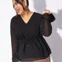 Casual Bishop Sleeve Self Design Women Black Top-image-10