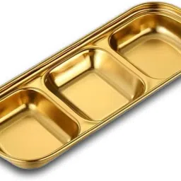 Kruvad Gold Brass Stainless Steel 3-Compartment Dipping Bowl Dish Serving Set-image-3