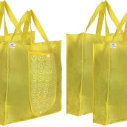 Foldable Reusable Smiley Printed Shopping Bag with One Small Pocket (Set Of 4,Yellow) Pack of 4 Grocery Bags-17