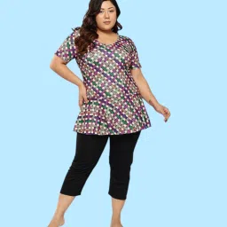 Womens Fawn-Purple Colour Check Print Nylon Plus Size Swim Suit With Cap Printed Women Swim-dress Beige Swimsuit-picture-1