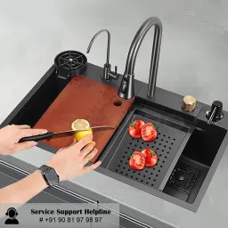 Premium Grade SS Multifunction Kitchen (30x18x10) Waterfall Pull Out Faucet Anti Scretch Nano Stainless Steel Multi Functional Vessel Sink-picture-5