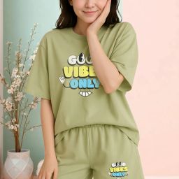 Women Top & Shorts Set Light Green Printed-image-76