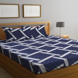 Blue Geometric 300 TC Poly Cotton Double Bedsheet with 2 Pillow Covers by Klotthe-picture-48