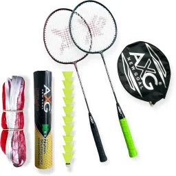 Scratch resistant A-2000 Racquets set of 2 with 10 Plastic Shuttles and Net Badminton Kit-10