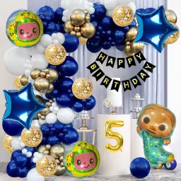 5th Birthday Decoration Kit Blue & Gold Cocomelon Theme Foil Balloons & Banner-image-3