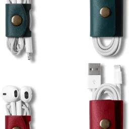 DailyObjects Belt Cable Wrap For Cables/Cords/Wires | Wire Winder, Headphones Holder, Mini Clip Organiser Made Of Real Leather | (Red & Green) - Set of 4 Earphone Cable Organizer-23