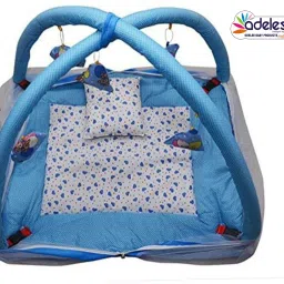 odelee Cotton Infants Washable Bedding Set with Foldable Mattress, Mosquito Net and Pillow Sky Blue Mosquito Net image 4