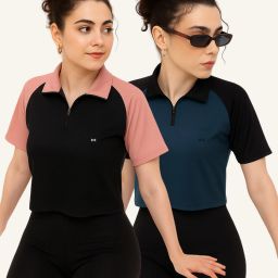 Pack of 2 Women Colorblock Polo Neck Polyester Green, Black T-Shirt-image-96