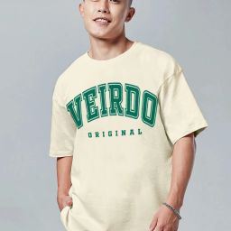 Oversized Men Printed, Typography Round Neck Pure Cotton Beige T-Shirt-image-95