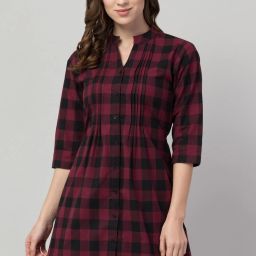 Casual Regular Sleeves Checkered Women Maroon, Black Top-image-1