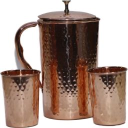 Shakuntla Handicraft Hammered 1.5 litre Copper Jug with Lid & 2 Water Glass 200 ml Jug Glass Set-image-87